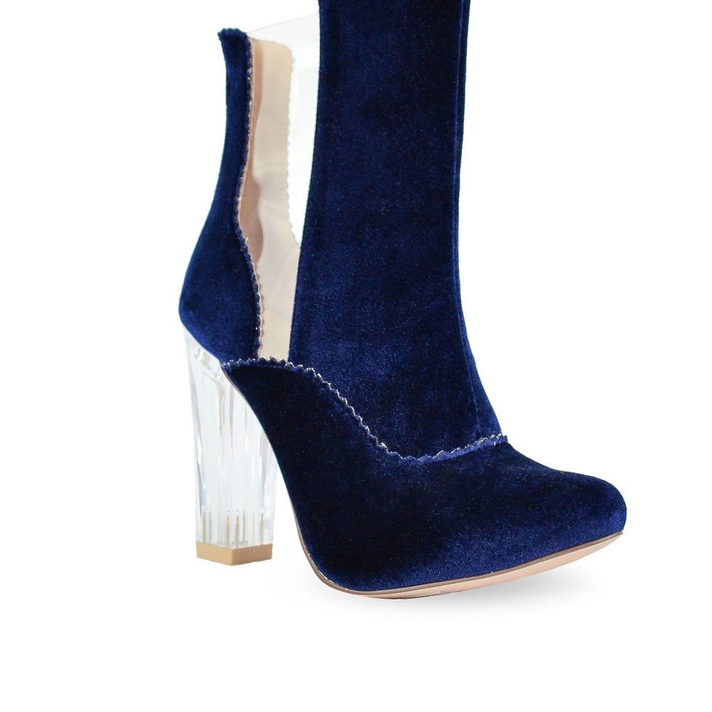 CHASE & CHLOE CHUNKY CLEAR HEEL VELVET BOOTS - Picture 5 of 5